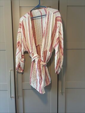 l*space Cream Kimono Wrap Cover up with Pink & Gold Stripe